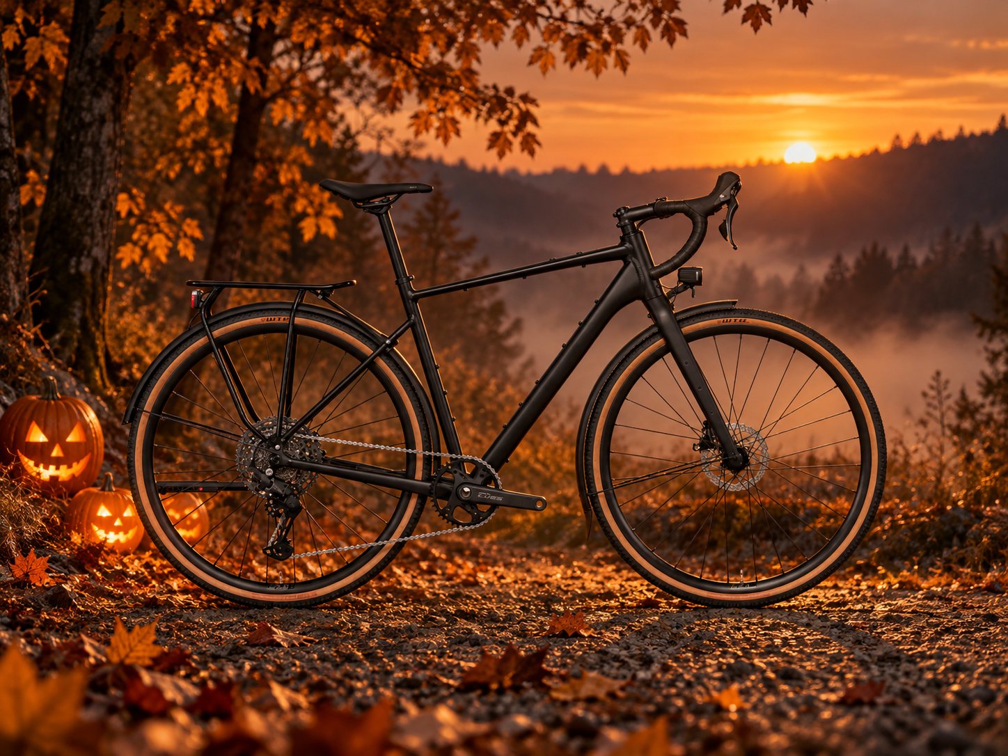 Cannondale Topstone CAAD EQ in Schwarz im herbstlichen Abendlicht mit Halloween-Kürbissen
